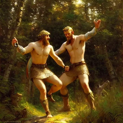 Image similar to 2 attractive male vikings frolicking in the forest. highly detailed painting by gaston bussiere, craig mullins, j. c. leyendecker, 8 k