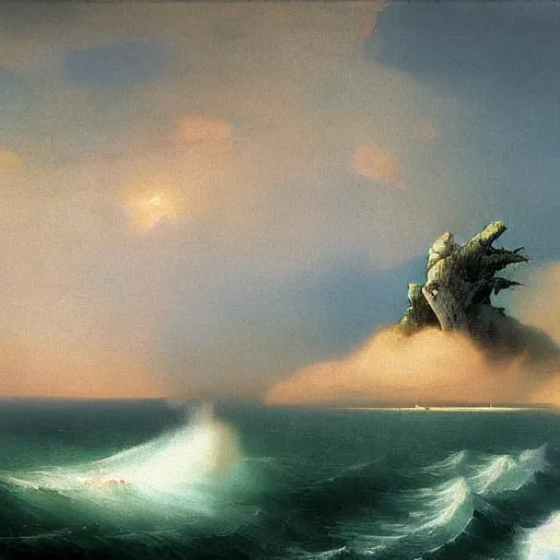 Prompt: godzilla on the coast painting by aivazovsky