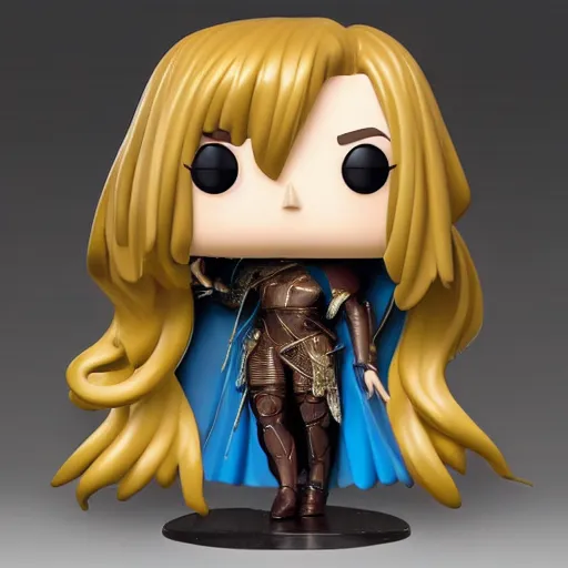 Image similar to “A detailed stunning and beautiful anime woman with brown flowing hair, long blue-cape, decorative leather armor, great proportions, excellent detail, surrounded by a catacomb of books, high quality, Full-body character portrait, trending on artstation, by POP FUNKO”