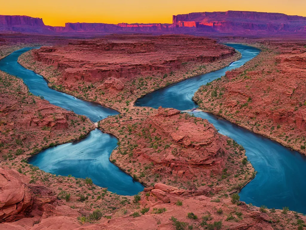 Prompt: “a river bend running through a canyon surrounded by desert mountains at sunset, moab, utah, a tilt shift photo by Frederic Church, trending on unsplash, hudson river school, photo taken with provia, national geographic photo”