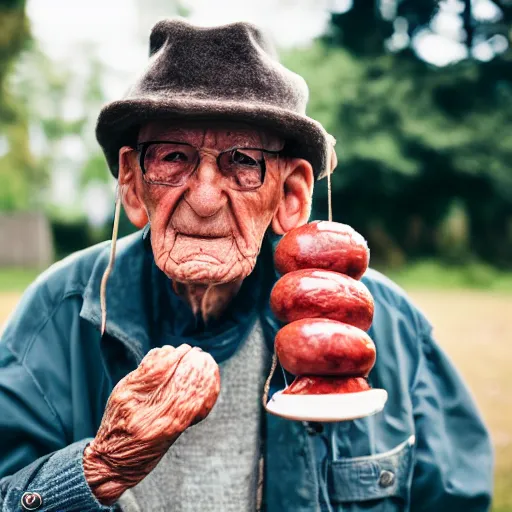 Prompt: An elderly man with sausages in his ears, Canon EOS R3, f/1.4, ISO 200, 1/160s, 8K, RAW, unedited, symmetrical balance, in-frame
