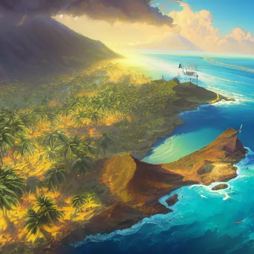 Image similar to a painting a breathtaking aerial view of Hawaiian islands with Pirates, surrounded by palm trees, clouds, flowers, volcano, azure ocean, sunlight glistening, glow, , a detailed matte painting by sylvain sarrailh, Stephan Martinière, by RHADS, Makoto Shinkai, bokeh, Artstation contest winner, fantasy art, concept art, #vfxfriday