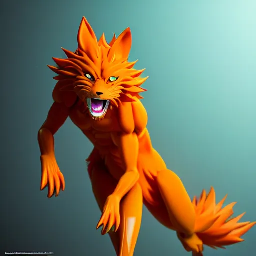 Image similar to a high resolution render of kurama from naruto movie by johannen voss by david cronenberg by francis bacon by peter kemp by octane render blender 8 k isometric dof neon colours