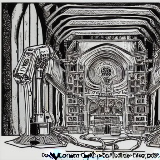 Image similar to detailed intricate comic style illustration of a robotic hydra with jack connectors for heads, inside a cathedral made from pro audio equipment