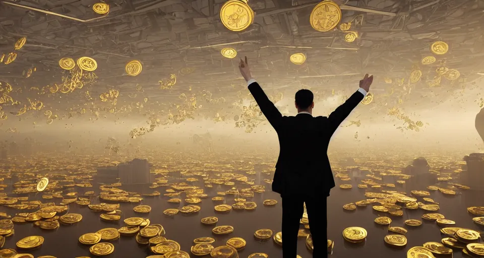 Image similar to Dramatic photo of a man in a suit waving to a large group of people in a futuristic office. Golden coins are levitating all around them. 8k, high detail, trending on Artstation, volumetric lighting, cyberpunk