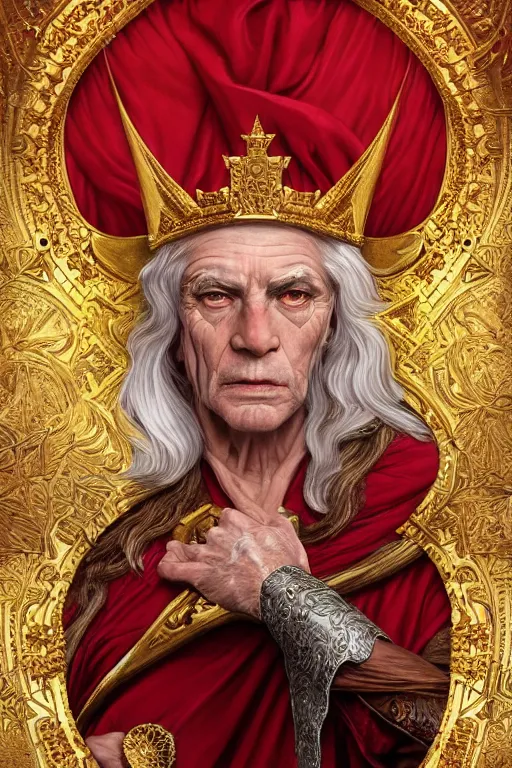 Image similar to Portrait of historically accurate, ancient biblical, sultry, sneering, evil, pagan, old kindah kingdom king, muscular, wearing gilded red royal robes, long white hair, intricate, elegant, highly detailed, digital painting, artstation, concept art, smooth, sharp focus, illustration, art by artgerm and greg rutkowski and alphonse mucha and andrei riabovitchev
