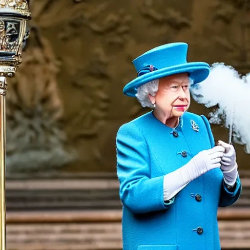 Image similar to the queen of england exhaling a large smoke cloud from her royal bong, award winning candid photography