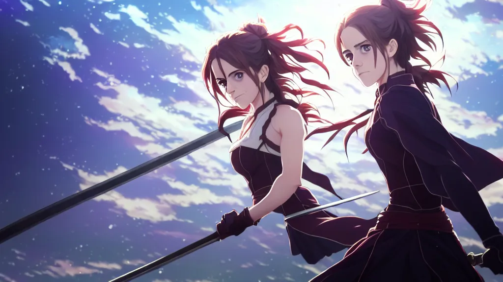 Image similar to a very detailed key visual of emma watson, demon slayer, ufotable, high quality, artgerm, castle wall, fate stay night, unlimited blade works, greg rutkowski, high resolution, dynamic pose, landscape, medium portrait, samurai outfit, action, hyper realistic, anime, koyoharu gotouge, sakuga