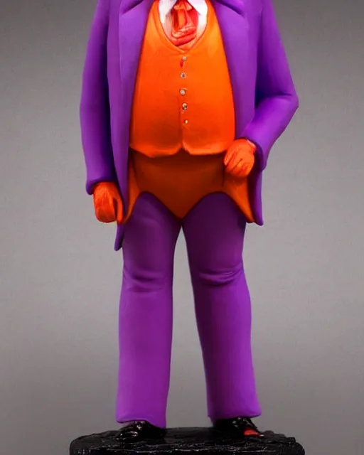 Image similar to wide angle full body photo of a maquette sculpture of donald trump as willy wonka, he is wearing a victorian era purple jacket and pants, and a velvet purple top hat over his long orange hair. he is holding a candy cane colored cane. his skin is an orange color like an oompa loompa. in the style of sideshow collectibles, highly detailed sculpture