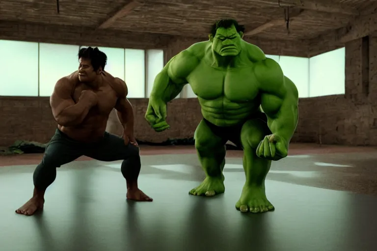 Image similar to the hulk and shrek doing yoga poses in the morning - produced in surreal sweatshop under fluorescent dominion, advanced, photorealistic, realistic, dramatic lighting, fantastic reality, by michelangelo, 8 k resolution