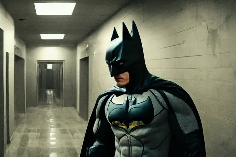 Image similar to batman wielding axe, chasing man through hallway, atmospheric eerie lighting, bodycam footage, photograph