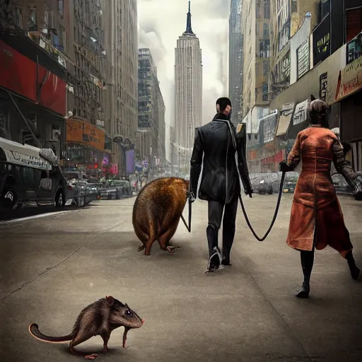 Prompt: Stunning Hyperealistic portrait of Giant Dishonored enormous furry rats walking humans on a leash in the city of New York.