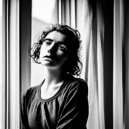 Image similar to black and white photography of highly detailed beautiful depressed Woman with detailed face in the heroine chique style standing by the window, vintage, natural light, sigma 85mm f/1.4 1/10 sec shutter