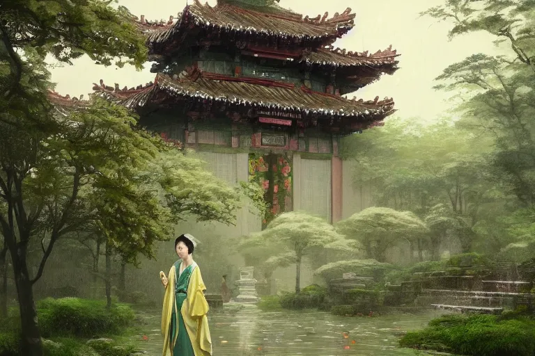 Prompt: a beautiful picture of a temple covered with green and spots blooming, in rainy day, a girl in hanfu, by greg rutkowski and thomas kinkade, trending on artstation