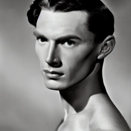 Prompt: a beautiful close - up of a redhead male! actor from the 1 9 3 0 s. high cheekbones. good bone structure. dressed in 1 9 4 0 s style. butterfly lightning. key light sculpting the cheekbones. by george hurrell.