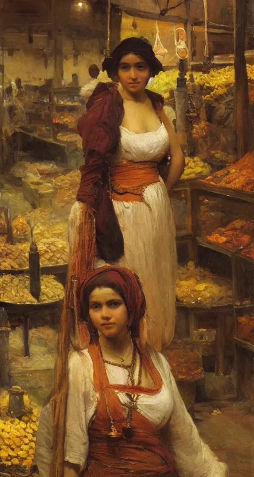 Image similar to young woman standing in a spice market at night by theodore ralli and nasreddine dinet and anders zorn and nikolay makovsky and edwin longsden long, oil on canvas, masterful intricate artwork, excellent lighting, high detail 8 k