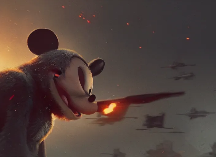 Image similar to close up cinematic artwork of mickey mouse staring down the enemy on the battlefield by Greg Rutkowski, 4k, masterpiece