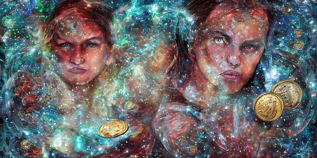 Image similar to astral _ head _ spit _ open _ at _ bottom _ spilling _ out _ coins _ out _ top. _ each coin side is a window to different universes by _ yvonne _ mcgillivray _ by _ mandy _ jurgens _ by _ michael _ divine _ god _ powerful _ eyesglow.