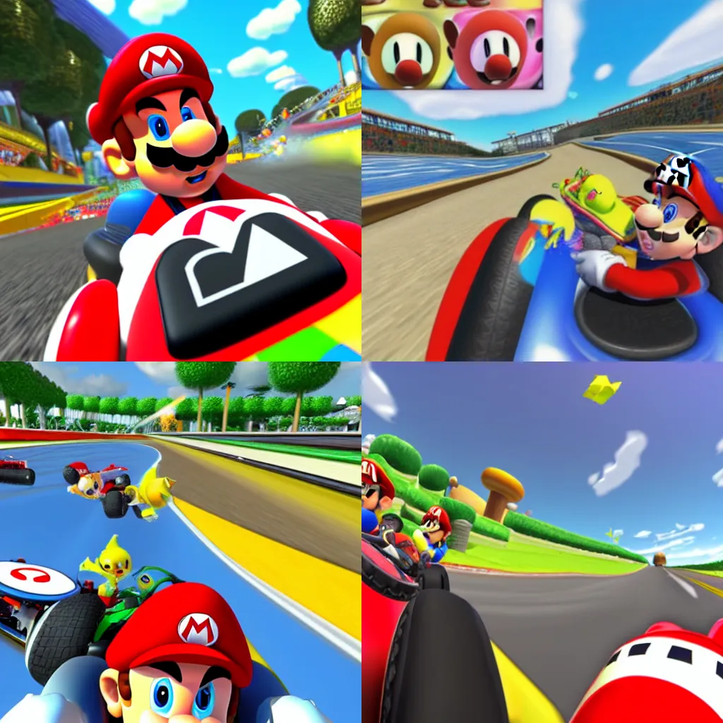 Prompt: First-person view of Mario Kart