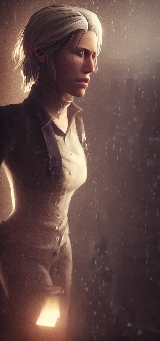 Image similar to remote detailed shot of beautiful annie leonhart in dunwall city, mid air shot, redshift render, beautiful face, detailed face, cinematic lighting, rainy weather, melancholy atmosphere, volumetric light, octane render, dishonored 1, gothic architecture, realistic reflections, octane render 8 k