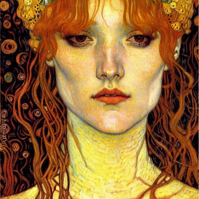 Image similar to detailed realistic beautiful young medieval queen face portrait by jean delville, gustav klimt and vincent van gogh, art nouveau, symbolist, visionary, gothic, pre - raphaelite, muted earthy colors, desaturated, neutrals