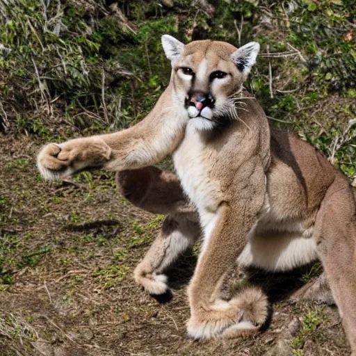 Prompt: trail cam of a mountain lion dancing with a monkey