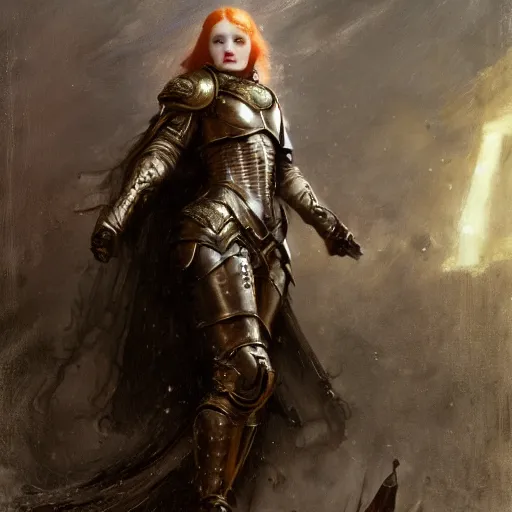 Image similar to young short redhead woman wearing black ornamented medieval armour, bare leg, detailed, by gaston bussiere, bayard wu, greg rutkowski, giger, maxim verehin, greg rutkowski, masterpiece, sharp focus, cinematic lightning