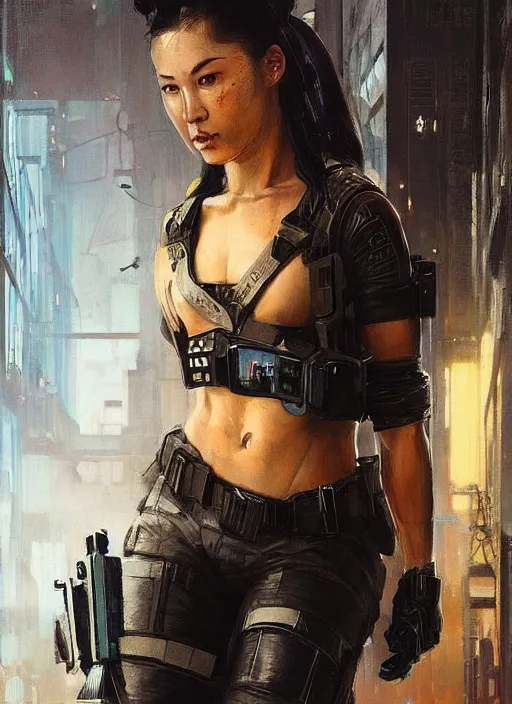 Image similar to Nikki tanaka. beautiful cyberpunk female USN marine wearing a military vest and combat gear. (Cyberpunk 2077, bladerunner 2049, rb6s). gorgeous face. Iranian orientalist portrait by john william waterhouse and Edwin Longsden Long and Theodore Ralli and Nasreddine Dinet, oil on canvas. Cinematic, hyper realism, realistic proportions, dramatic lighting, high detail 4k