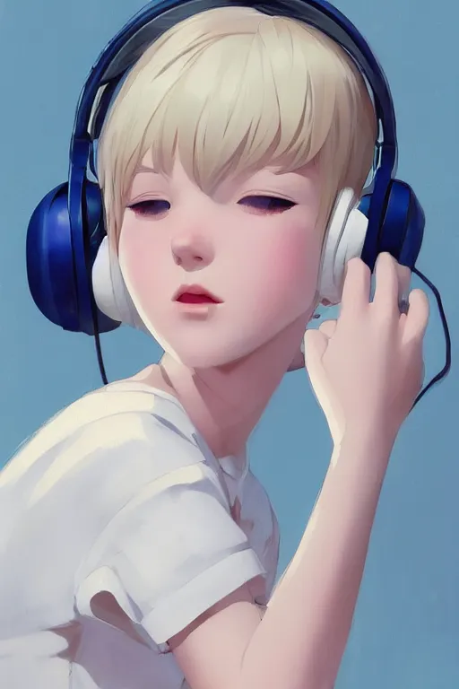 Prompt: a cute young woman listening to music with her eyes closed and wearing headphones in the style of Ilya Kuvshinov and Range Murata, white bob cut hair, blue filter, blue and white, soft lighting, cinematic, moody, oil on canvas by Krenz Cushart, 8k