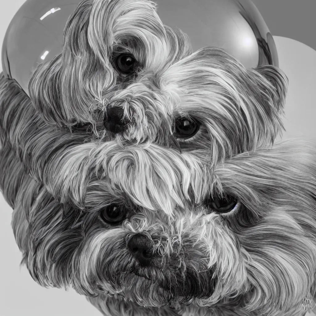 Image similar to full length portrait of a havanese dog reflected in a chrome sphere, ultra wide 1 0 mm, by m c escher pen and paper