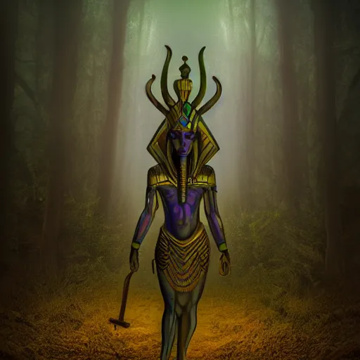 Image similar to a mystical alien pharaoh standing in a dark, gloomy forest, detailed, mythical, mist, depressing, tired, dark, lush, nature, mist, mystery, glows, somber, dismal, fog, heavy fog, dark lighting, rim light, ambient light,