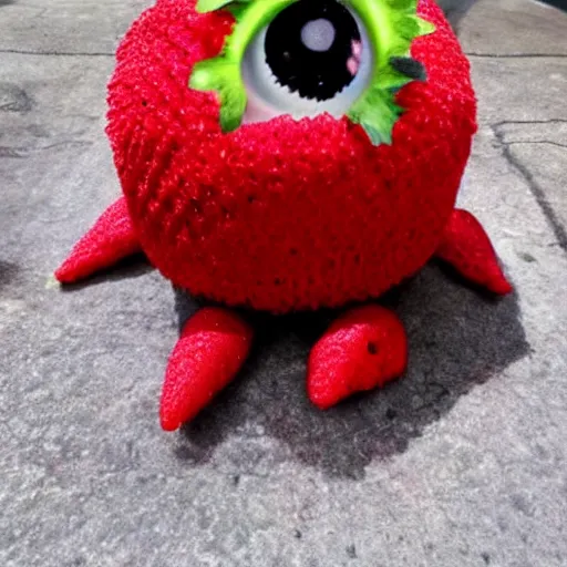 Image similar to strawberry creature with multiple eyes