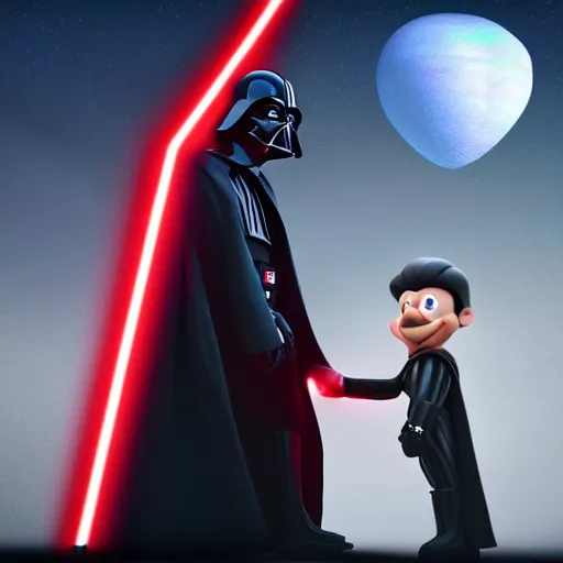 Prompt: Darth vader holding hands with donald trump, portal to outer space, digital art, 8k, disney render, disney, star wars