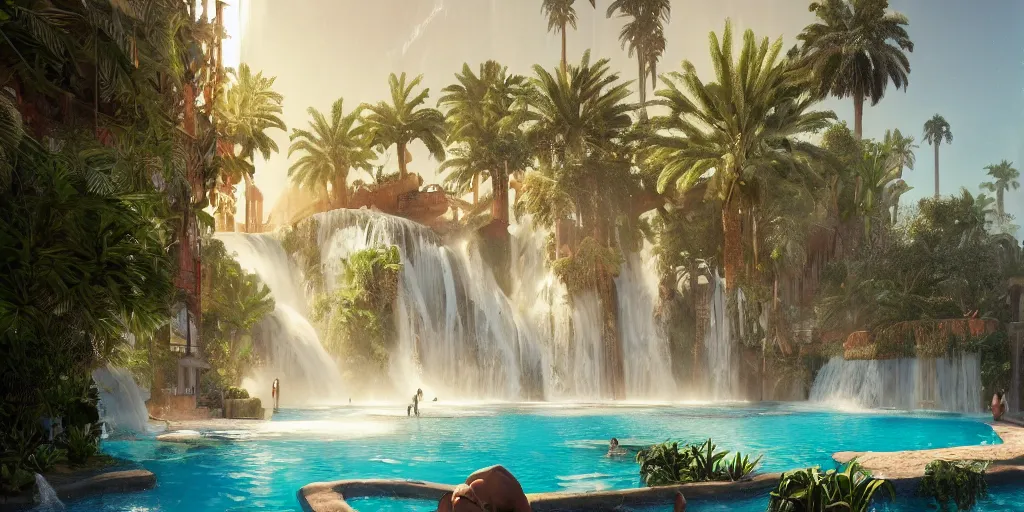 Image similar to beautiful pool waterfalls surrounded by palm trees, moroccan tile archways, industrial buildings, ivory towers, sun setting, ross tran, fantasy, james jean, peter morbacher, angelarium, alchemy, luxury, heavenly light, soft illumination, trending on artstation, cinematic lighting, digital painting, octane render, artgerm