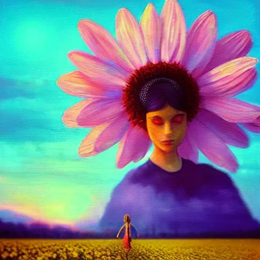 Image similar to giant daisy flower as a head, girl walking in flower field, surreal photography, sunrise, dramatic light, impressionist painting, colorful clouds, digital painting, artstation, simon stalenhag