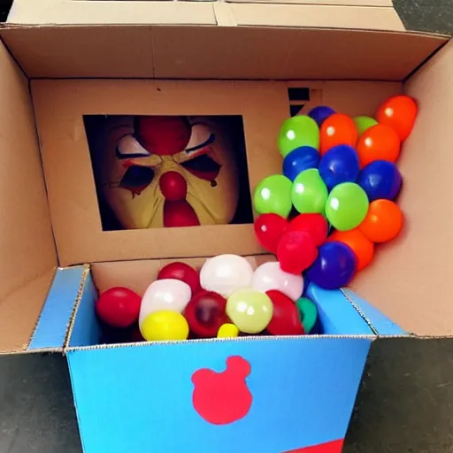 Image similar to a cardboard box opened up with a clown face popping out of it, realistic