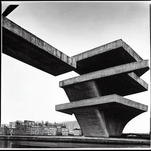 Image similar to a floating upside down brutalism architecture, ilford hp 3, photo from 1 9 5 0, emerged by a river