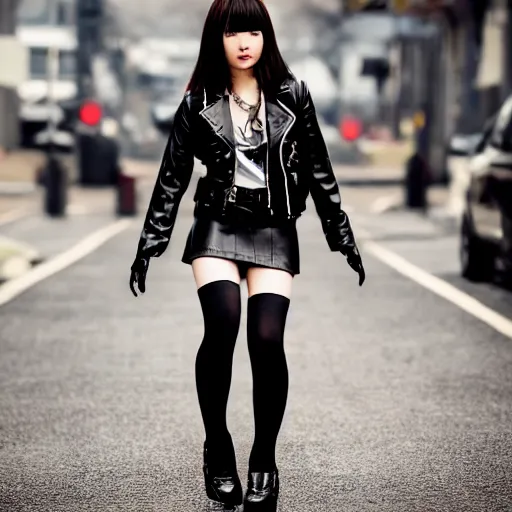 Image similar to a dynamic, epic cinematic 8K HD movie shot of a japanese beautiful cute young J-Pop idol actress yakuza rock star girl wearing leather jacket, miniskirt, nylon tights, high heels boots, gloves and jewelry. Motion, VFX, Inspirational arthouse