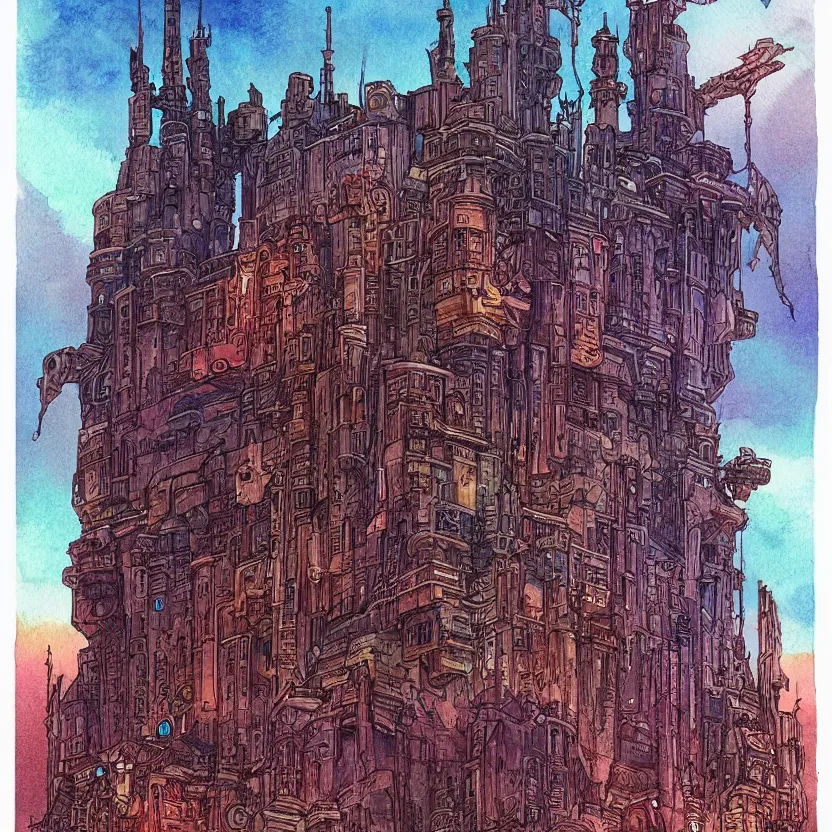 Prompt: a watercolor ink painting of a cyberpunk castle in the style of jean giraud in the style of moebius trending on artstation deviantart pinterest detailed realistic hd 8 k high resolution