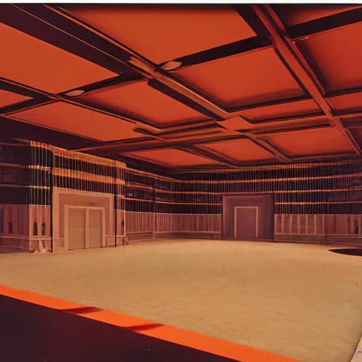 Image similar to art deco civic center interior, 1 9 7 0 s, real estate listing photo, orange color dye fading cast, film dust