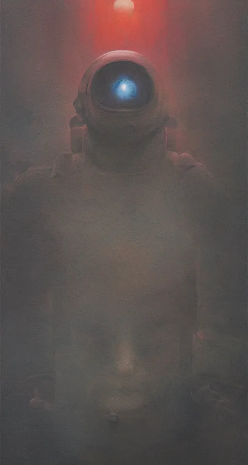 Image similar to Painting in a style of Beksinski featuring an astronaut, dramatic lighting, full face, very detailed, 8k, fog, portrait, movie scene, creepy