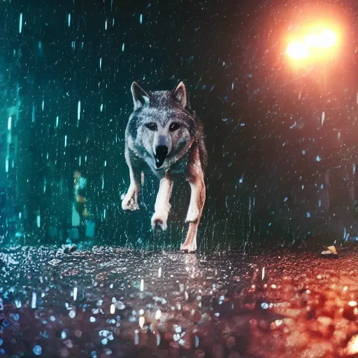 Image similar to an anthropomorphic male wolf running in the streets, night, rain, cinematic, photograph, volumetric lighting, f 8 aperture, cinematic eastman 5 3 8 4 film, photorealistic