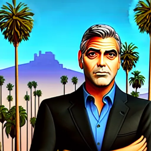 Image similar to george clooney in gta v. los santos in background, palm trees in the art style of stephen bliss