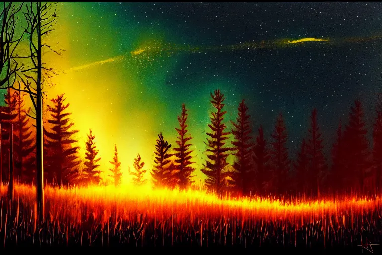 Image similar to artillery lights up the night sky, forest clearing background, at night, oil on canvas, bloom highlights, view from the ground, poster art, darkness, video game art, digital art, fine brushstrokes, hdr, 4 k