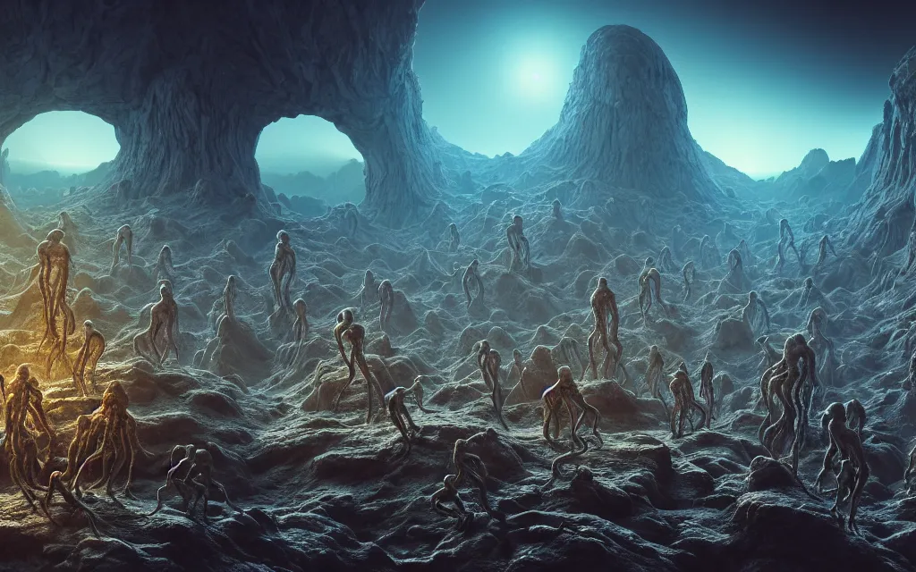 Image similar to a group of bizarre aliens on an alien planet, beautiful atmosphere, colorful, beautiful detailed intricate insanely detailed octane render trending on artstation, 8 k artistic photography, photorealistic, volumetric cinematic light, chiaroscuro, salvador dali, hieronymus bosch, alex grey, beksinski, giger,