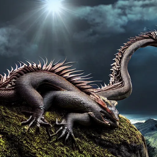 Image similar to Dragon sleeping on top of a mountain, hd, intricate, 8k, award winning photograph, hyperrealism, national geographic