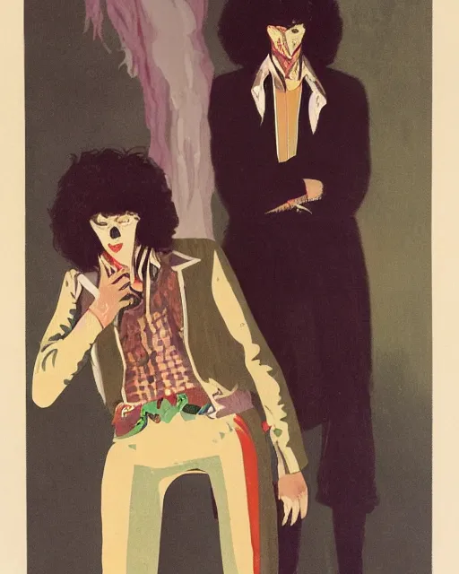 Prompt: two handsome but sinister young men wearing gucci in layers of fear, with haunted eyes and wild hair, 1 9 7 0 s, seventies, wallpaper, a little blood, moonlight showing injuries, delicate embellishments, painterly, offset printing technique, by brom, robert henri, walter popp