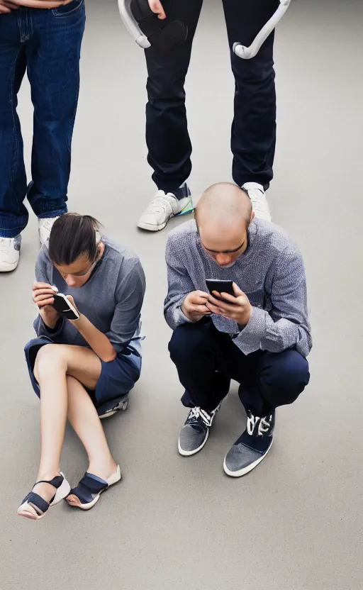 Prompt: robotic humans checking their cell phones one in each hand and one in each foot editorial photograph