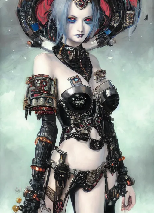 Image similar to portrait of cute beautiful young goth maiden in bikini armor, cyberpunk, Warhammer 40000, gothic, highly detailed, artstation, illustration, art by Gustav Klimt and Range Murata