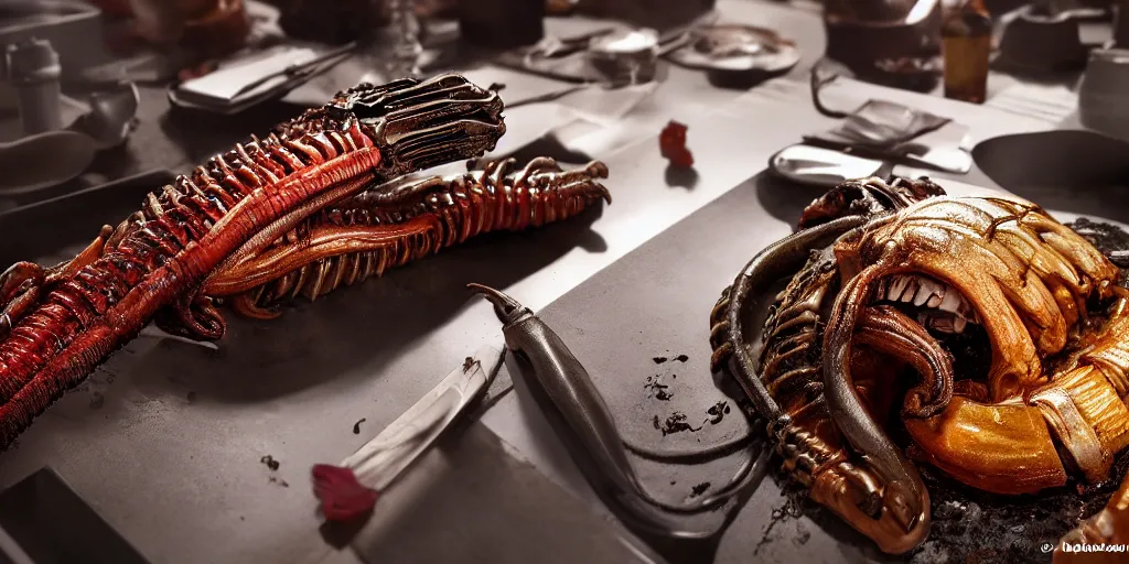 Prompt: Delicious roasted xenomorph, 4K, volume light, soft light, food photography, award winning photography, detailed rendering, unreal engine, 8k